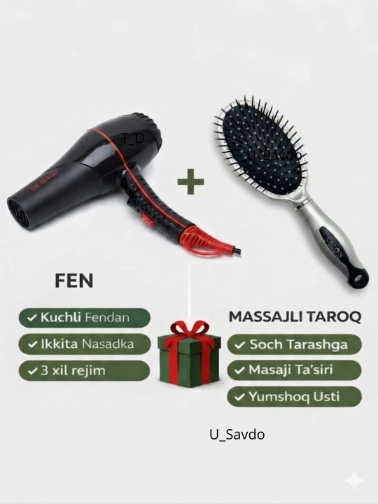 Fen professional, sochni quritish va turmaklash uchun, masajli taroq, ayollar uchun sovg'a