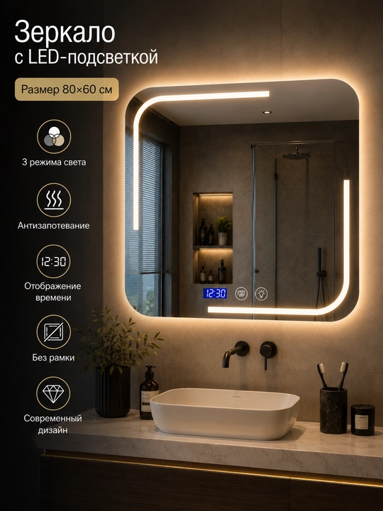 Зеркало с LED подсветкой для ванной, сенсор, 3 режима, антизапотевание часы