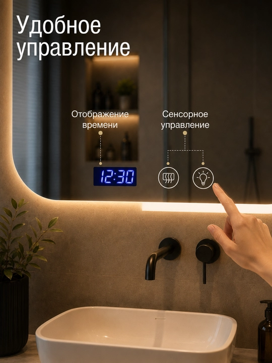 Зеркало с LED подсветкой для ванной, сенсор, 3 режима, антизапотевание часы