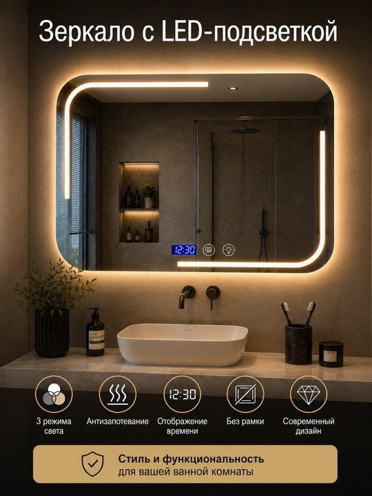 Зеркало с LED подсветкой для ванной, сенсор, 3 режима, антизапотевание часы