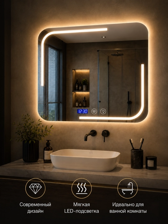Зеркало с LED подсветкой для ванной, сенсор, 3 режима, антизапотевание часы