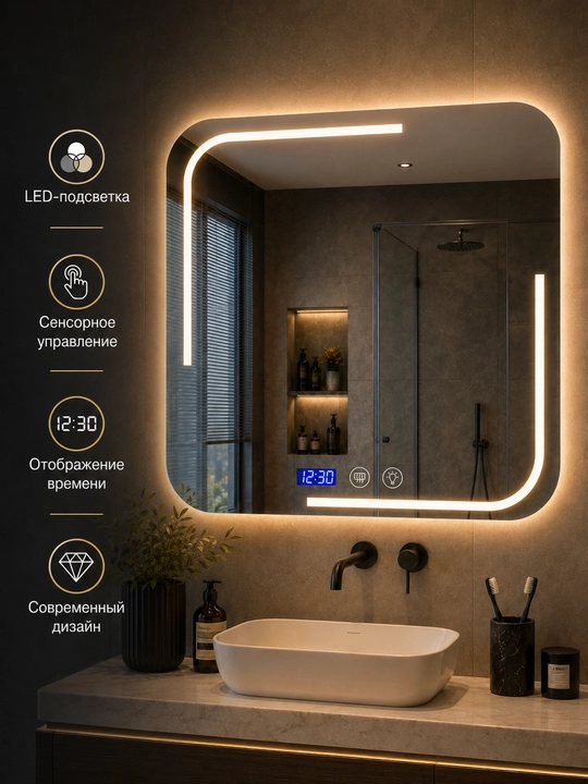 Зеркало с LED подсветкой для ванной, сенсор, 3 режима, антизапотевание часы