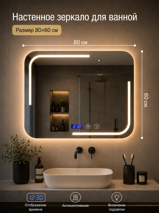 Зеркало с LED подсветкой для ванной, сенсор, 3 режима, антизапотевание часы