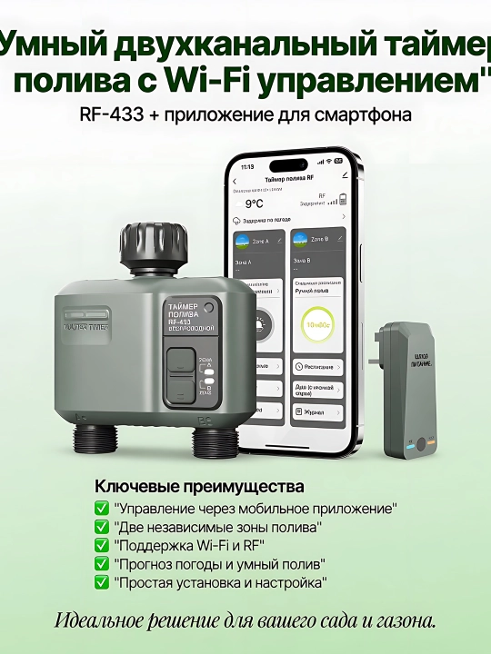 Умный двухканальный таймер полива с Wi-Fi и RF-433 управлением, программатор, контроллер - 