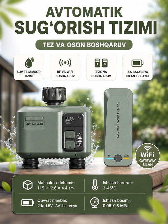Wi-Fi va RF-433 boshqaruvli aqlli ikki kanalli sug‘orish taymeri, dasturchi va kontroller