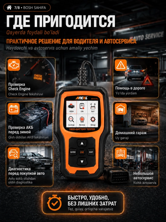 Сканер OBD2 и тестер АКБ 6V/12V ANCEL AD 410 PRO, проверка аккумулятора и ошибок авто