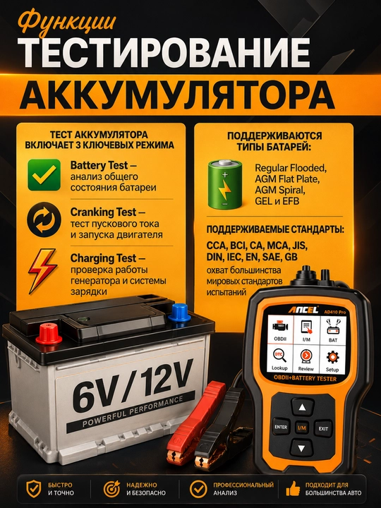 Сканер OBD2 и тестер АКБ 6V/12V ANCEL AD 410 PRO, проверка аккумулятора и ошибок авто