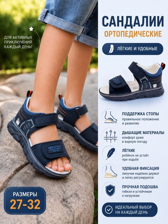 O‘g‘il bolalar va qizlar uchun sandallar, ortopedik yopishqoq boshmoqlar, 27-32 o‘lchamlarda - 
