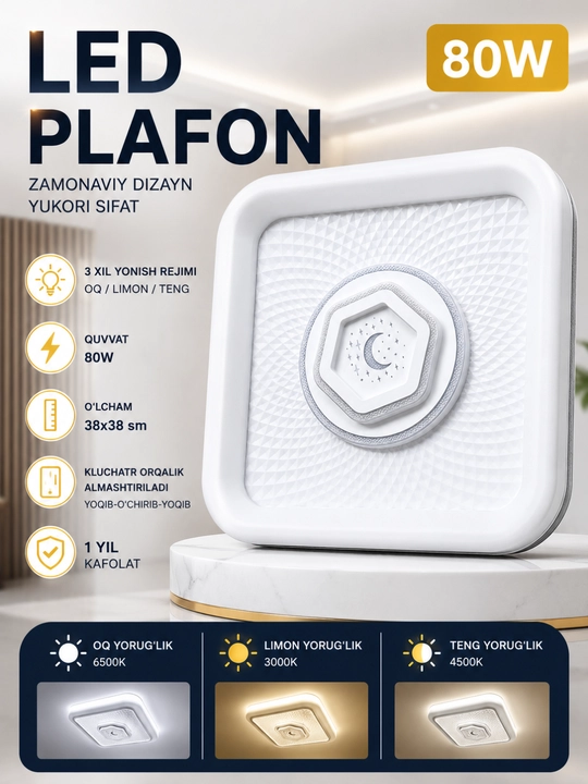 Plafon Hi-Tech LED, qandil, lustra, chiroq, lampo, minimalism uslubida, 3 xil rejim yonish - 