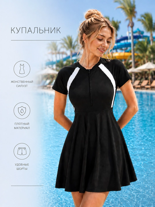 Купальник женский, закрытый купальник, купальник платье, купальник с шортами - 