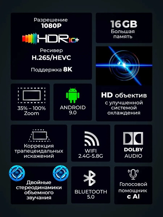 Проектор мультимедийный XNANO X1 Android 9.0, Wi-Fi, Full HD 1080P, домашний кинотеатр