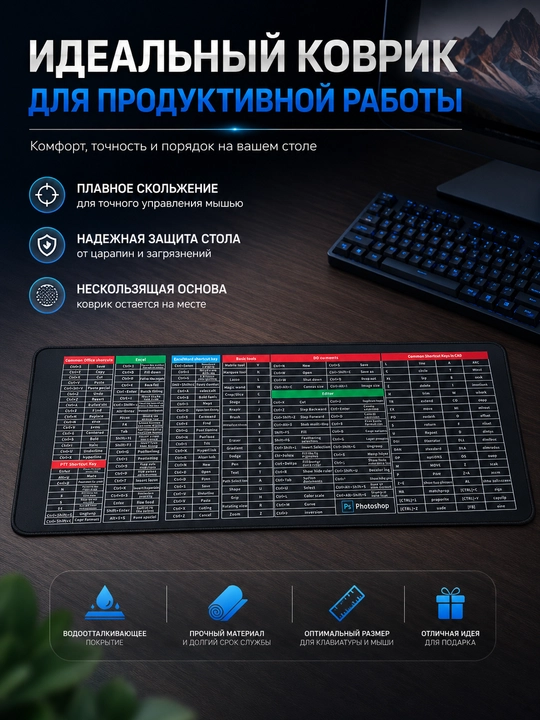 40×90 sm katta stol gilamchasi, Office, Excel, Word va Photoshop tezkor tugmalari bilan - 