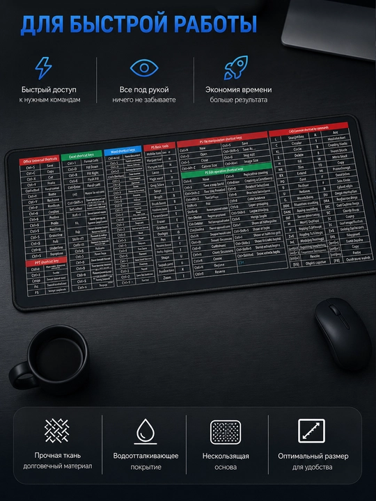 40×90 sm katta stol gilamchasi, Office, Excel, Word va Photoshop tezkor tugmalari bilan