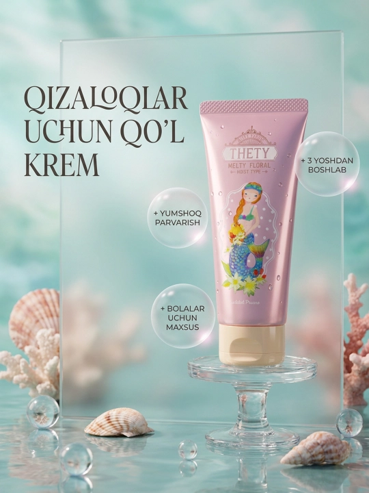 Qizaloqlar uchun qo'l kremi: yumshoq parvarish, suv parisi dizayni, 3 yoshdan boshlab - 