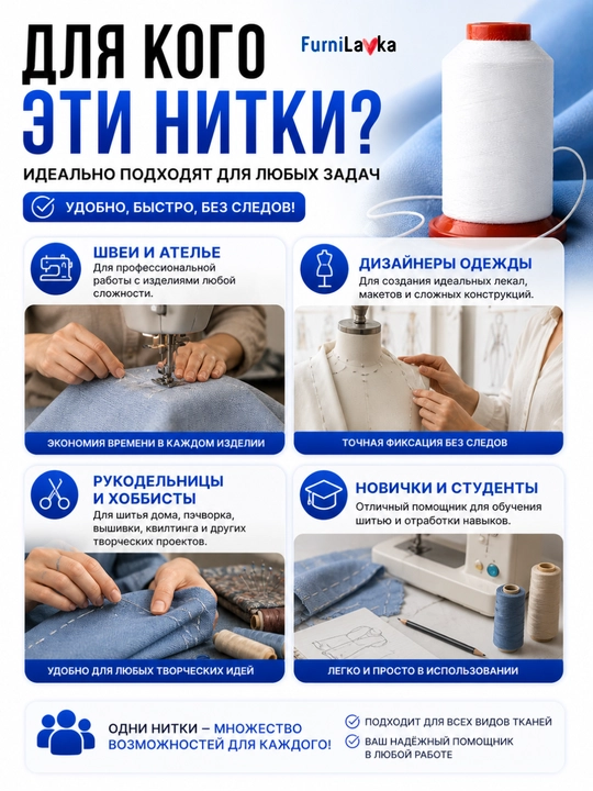 Водорастворимые нитки для намётки 1000 м 40/2, растворяются в воде и паре
