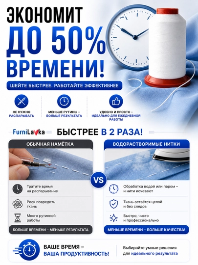 Водорастворимые нитки для намётки 1000 м 40/2, растворяются в воде и паре