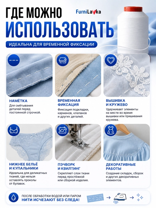 Водорастворимые нитки для намётки 1000 м 40/2, растворяются в воде и паре