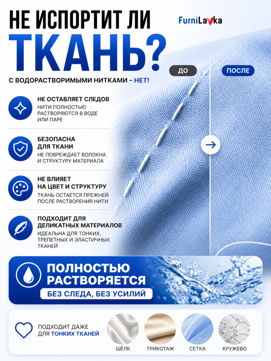 Водорастворимые нитки для намётки 1000 м 40/2, растворяются в воде и паре
