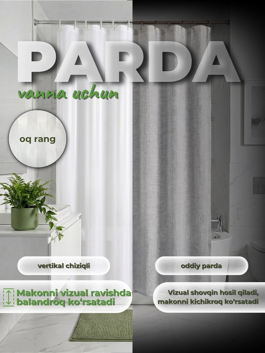 180x180 sm o‘lchamli vannaxona uchun suv o‘tkazmaydigan parda - poliester, 12 ta halqa