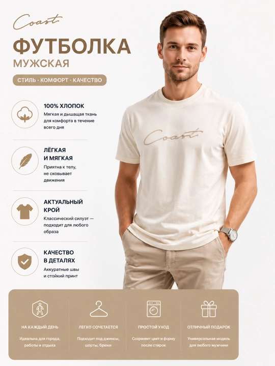 Футболка мужская из 100% хлопка, плотная ткань, комфортная посадка - 