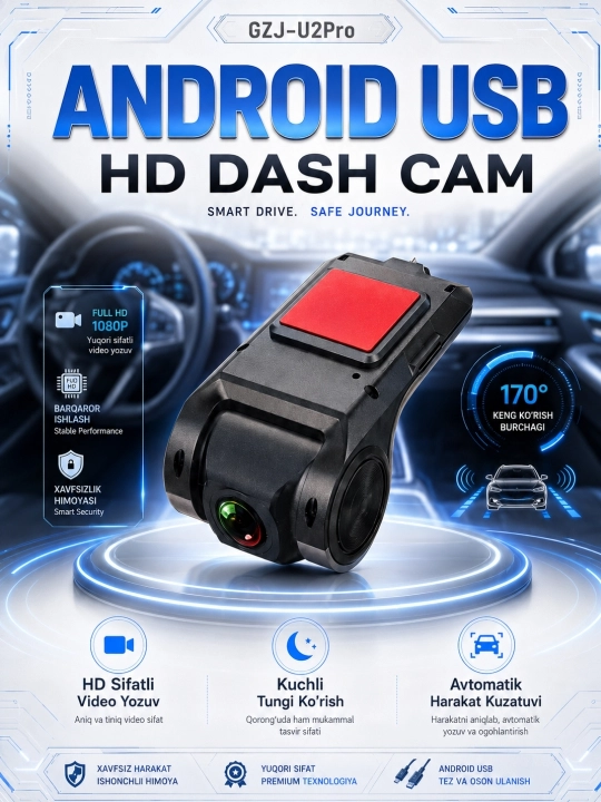 Android USB HD Dash Cam 1080P, видеорегистратор с углом обзора 170° - 