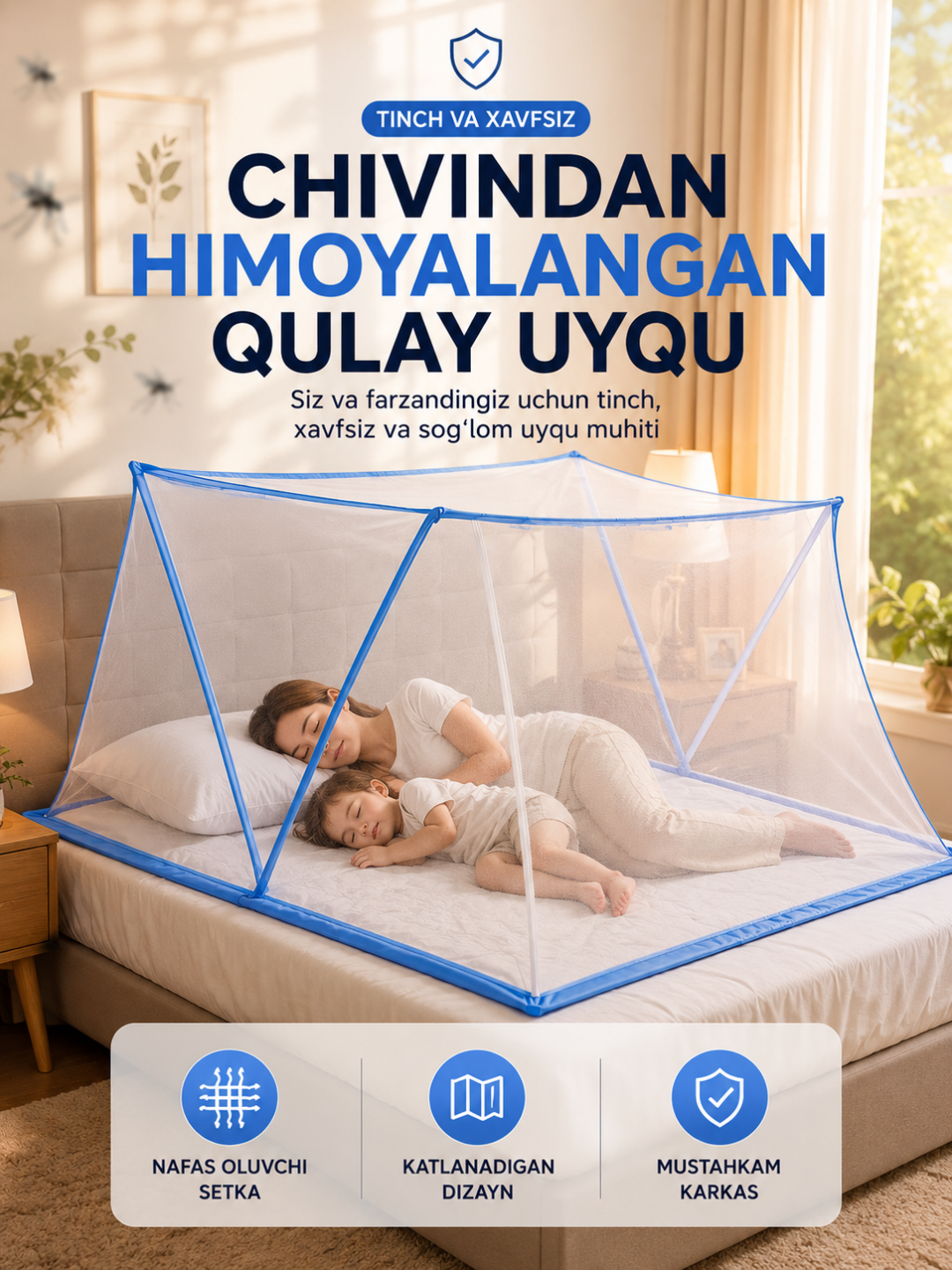 Karavot uchun yig‘iladigan karkasli iskabtopar to‘ri, chivinlardan himoya qiluvchi - 