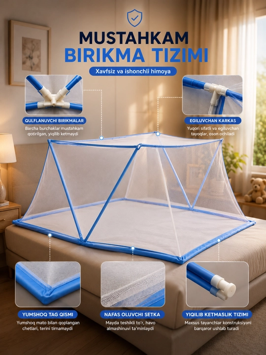 Karavot uchun yig‘iladigan karkasli iskabtopar to‘ri, chivinlardan himoya qiluvchi