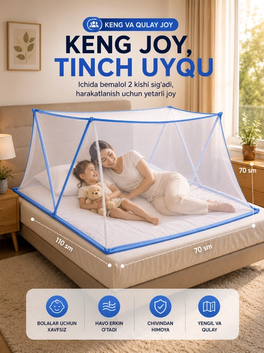 Karavot uchun yig‘iladigan karkasli iskabtopar to‘ri, chivinlardan himoya qiluvchi
