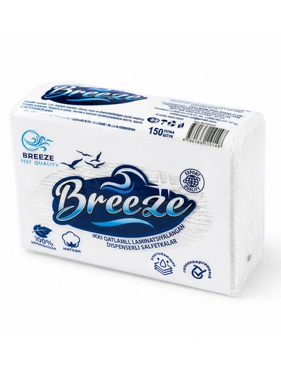 Бумажные салфетки 2-слойные, мягкие салфетки для диспенсера, 150 листов Breeze — BRHOME-БУМАЖНЫЕСАЛФЕТКИ150ШТ