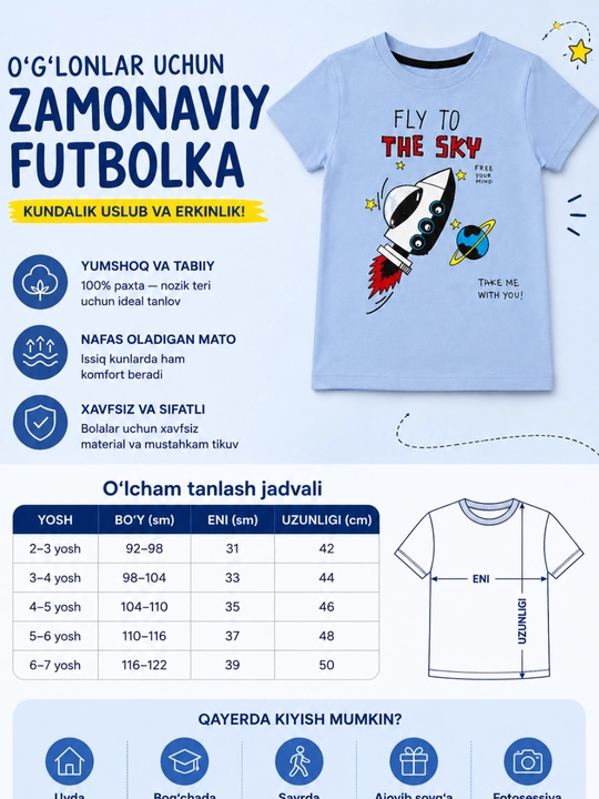 Bolalar futbolkasi raketa printli 100% paxta qulay va zamonaviy yozgi kiyim