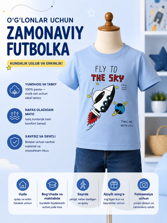 Bolalar futbolkasi raketa printli 100% paxta qulay va zamonaviy yozgi kiyim