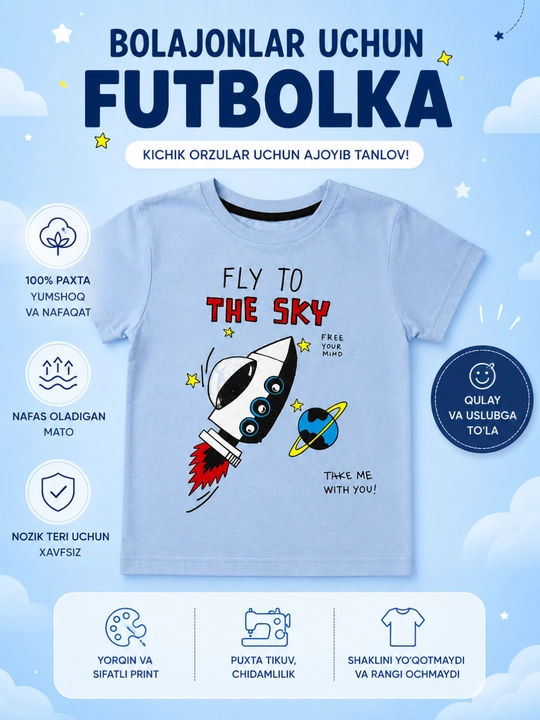 Bolalar futbolkasi raketa printli 100% paxta qulay va zamonaviy yozgi kiyim - 