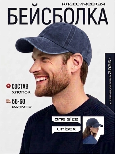 Бейсболка джинсовая, однотонная, унисекс, кепка мужская и женская, хлопок, размер 56-60 см — AGLHC-ОДНБЕЙС-ТЕМНСИН