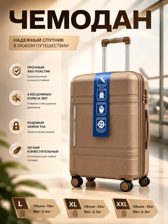 Sayohat chamadoni, 4 g'ildirakli, PP materialdan, kodli qulf bilan - 