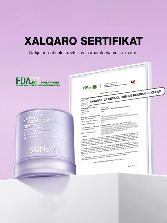 SKINEVER 3A Retinol ajinlarga qarshi yuz kremi, kollagen va peptidlar bilan