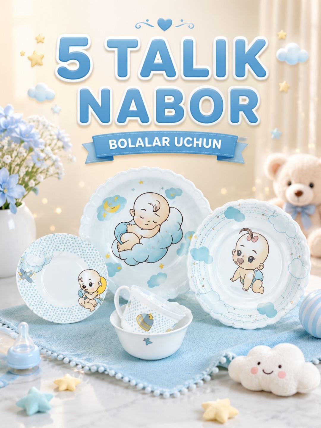 Bolalar uchun 5 talik idish to‘plami tarelka, piyola, kosa multik to'plam - 