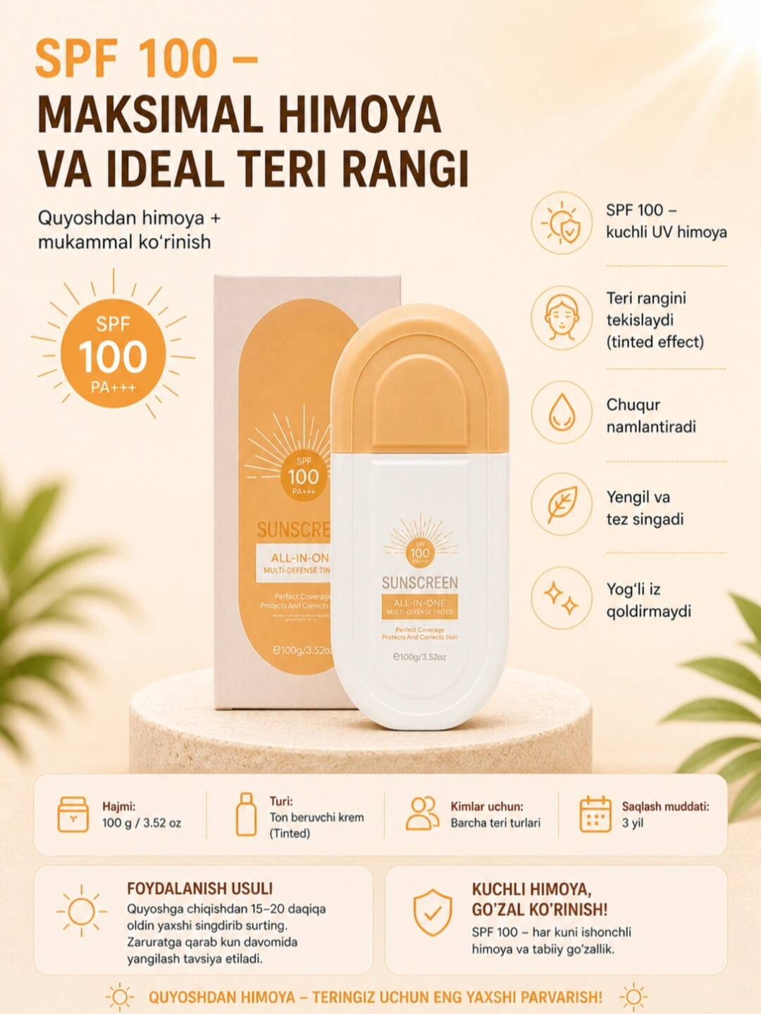 Quyoshdan himoyalovchi Sunscreen SPF 50+/70/80/100 rangli ta’sirga ega namlantiruvchi krem - 