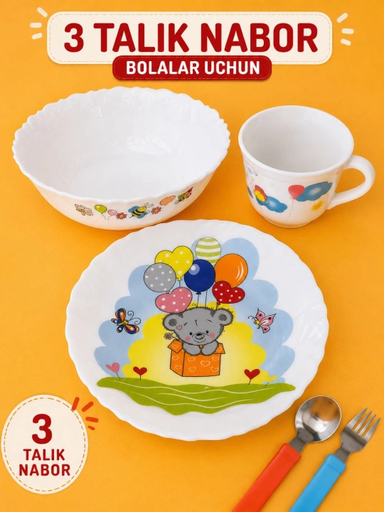 Bolalar uchun 3 talik idish to‘plami tarelka piyola kosa multik набор - 