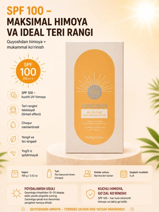 Quyoshdan himoyalovchi Sunscreen SPF 50+/70/80/100 rangli ta’sirga ega namlantiruvchi krem