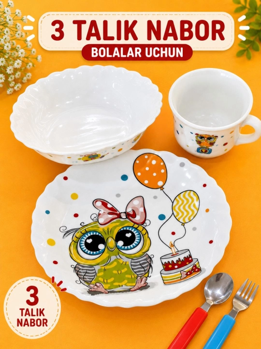 Bolalar uchun 3 talik idish to‘plami tarelka piyola kosa multik набор - 