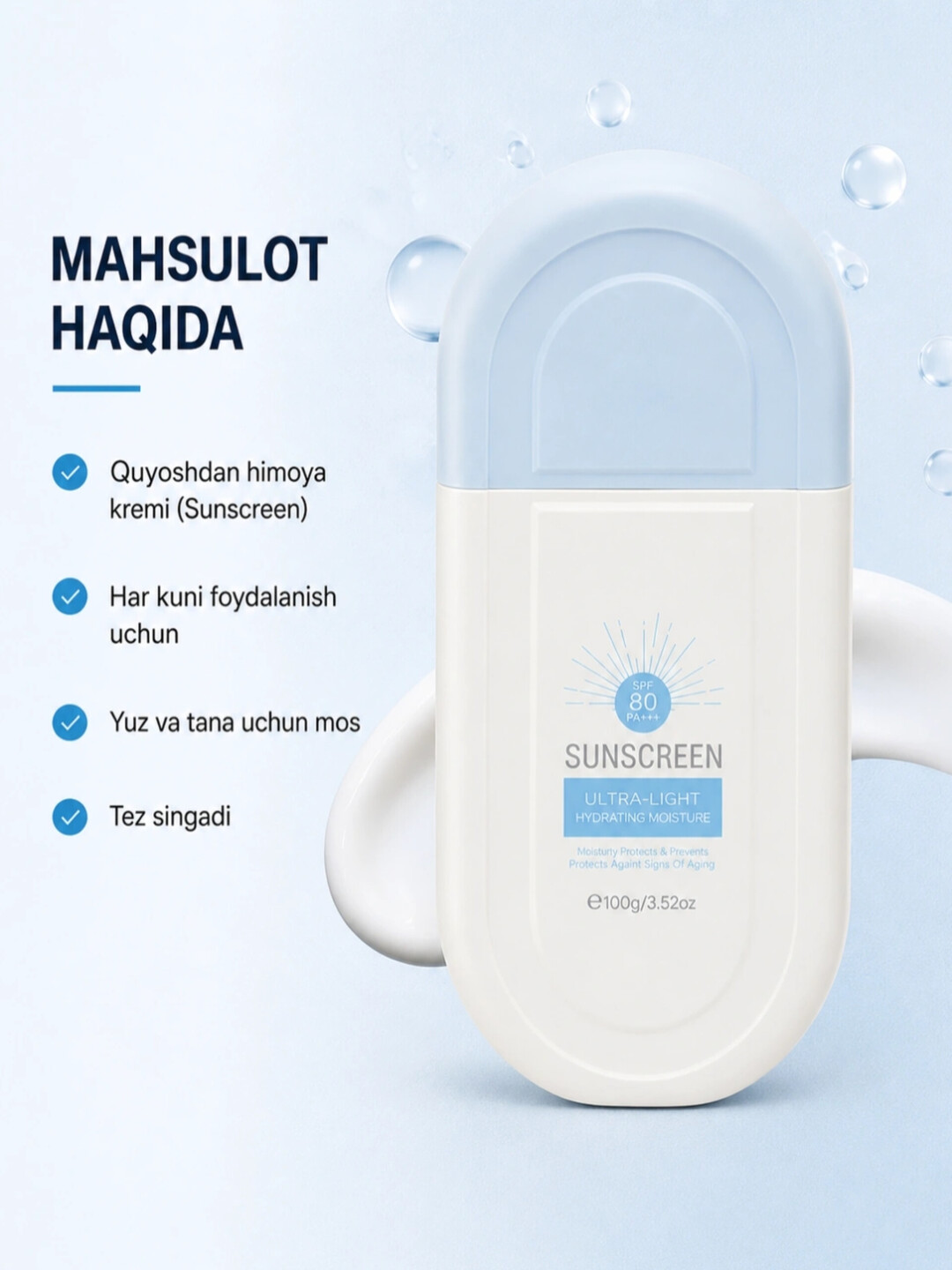 Quyoshdan himoyalovchi Sunscreen SPF 50+/70/80/100 rangli ta’sirga ega namlantiruvchi krem