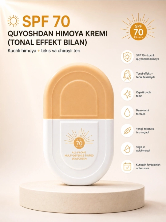 Quyoshdan himoyalovchi Sunscreen SPF 50+/70/80/100 rangli ta’sirga ega namlantiruvchi krem