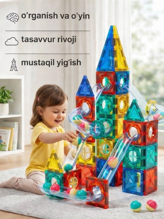 Magnitli rivojlantiruvchi konstruktor, bolalar uchun 3D magnit bloklar to‘plami, 73 dona