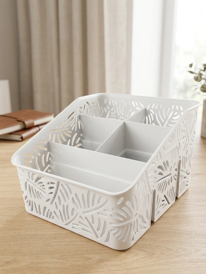 Ko‘p bo‘limli plastik organizer savati uy va ofis buyumlarini tartibli saqlaydi