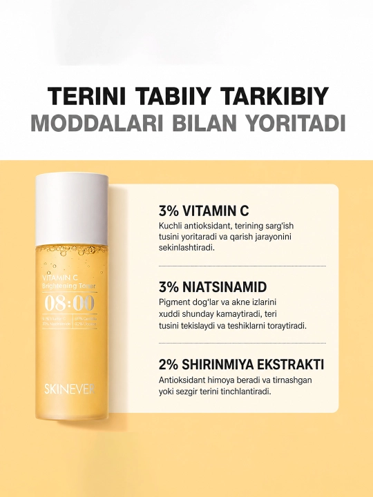 Oqartiruvchi yuz toneri SKINEVER Vitamin C Brightening Toner, niatsinamid bilan