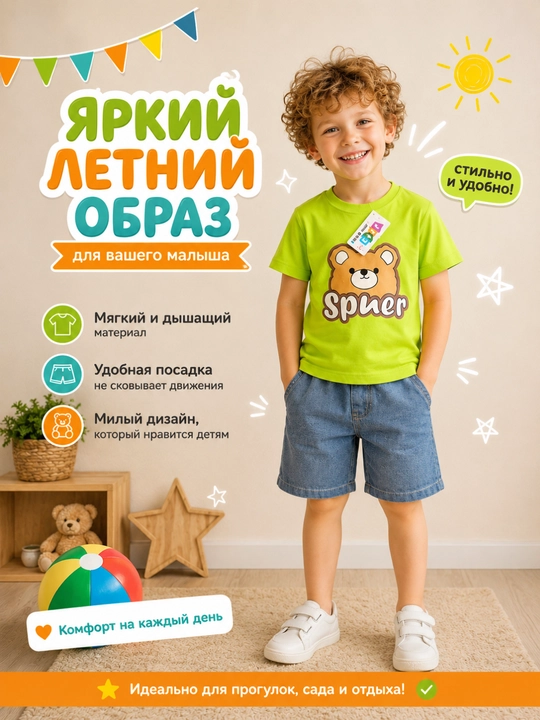 Детский комплект с мишкой футболка и джинсовые шорты для мальчика
