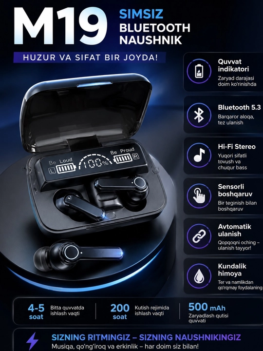 Simsiz naushnik Bluetooth 5.4 Hi-Fi stereo va sensorli boshqaruv, simsiz quloqchinlar
