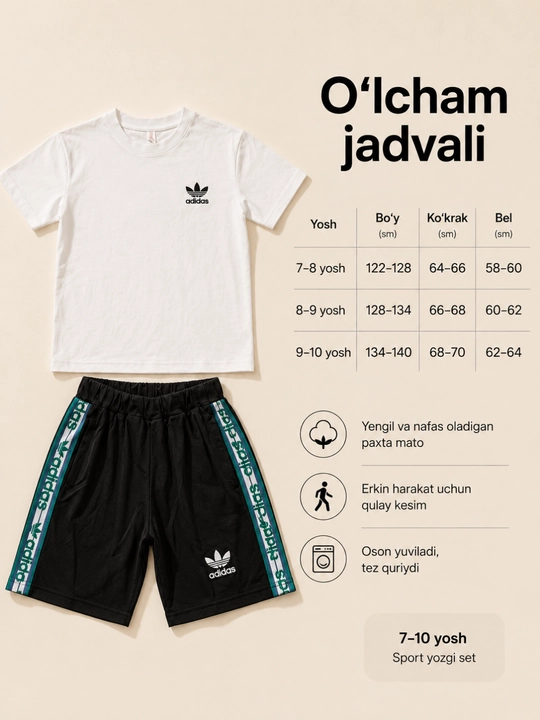 O‘g‘il bolalar sport kiyimi 7-10 yosh paxtali futbolka va shortik yozgi set