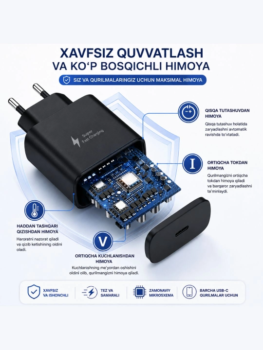Android uchun 45W Type-C zaryadlovchi qurilma, tezkor zaryad, adapter + 1 m kabel