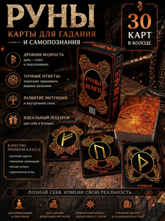 Runalar Runes 30 karta, laminatlangan, ta'lim folbinlik klassik kartalari - 